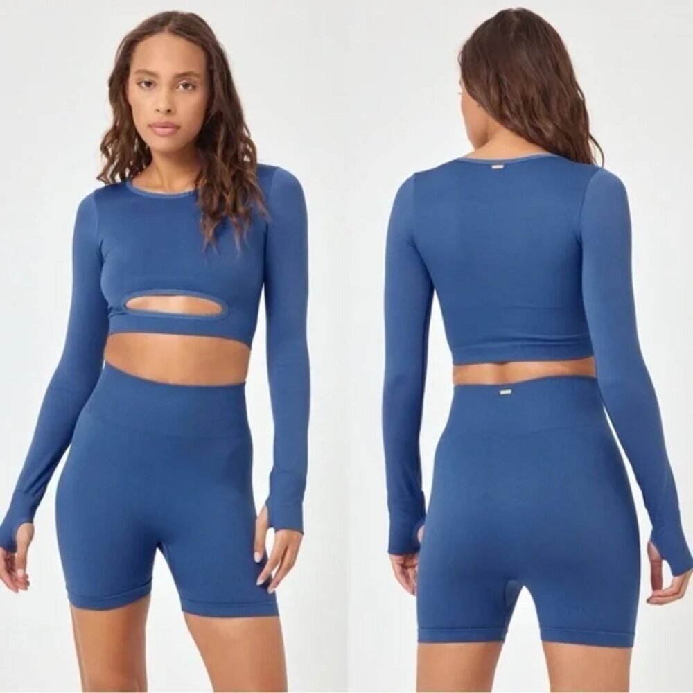 Nwt$163 L*Space In The Zone 2-Piece Set Bike Shorts & Cutout Crop Top Blue Xs/S